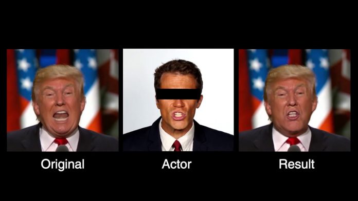 Una deepfake en proceso. Sobre un video de Donald Trump se graban otros gestos que son incorporados a un output convergente