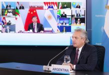 El presidente Fernández en la conferencia virtual donde se confirmó el próximo ingreso de Argentina y otros cinco paises a partir del 1 de enero de 2024. Telam