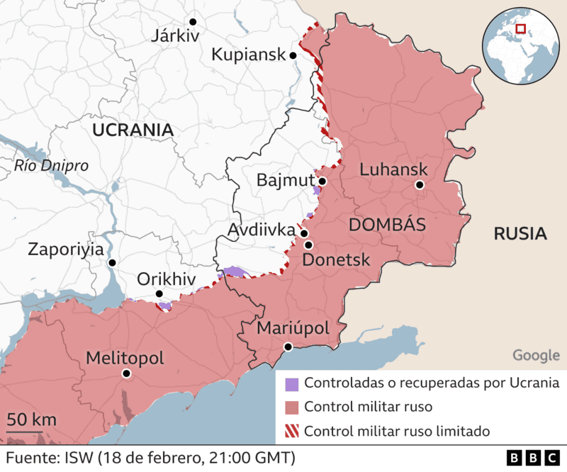 Actualmente, alrededor del 18% del territorio ucraniano permanece bajo ocupación rusa, incluida la península de Crimea anexada en 2014, y gran parte de las regiones de Donetsk y Luhansk en el este que Rusia capturó poco después. BBC